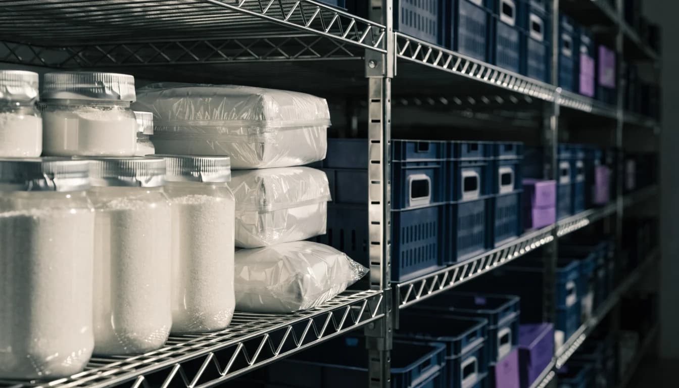 Organized ingredient containers on inventory shelving